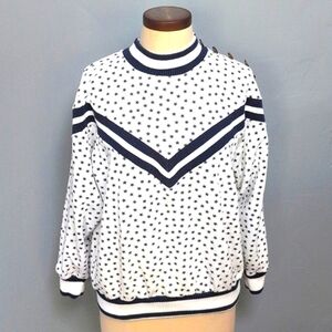Vintage 70s geometric sweatshirt w blue stars and metal buttons on shoulder.…